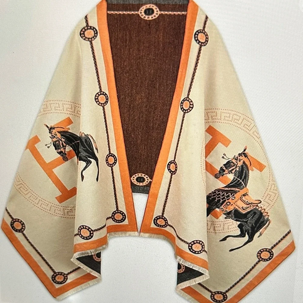 Women’s Elegant Horse Print Shawl with Orange Accents